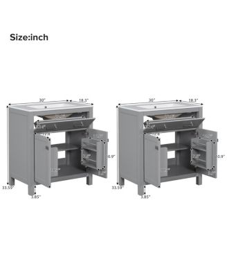 60 Inch Double Sink Bathroom Vanity with Ceramic Sinks, Solid Wood Frame, Flip-Out Drawer and Adjustable Shelf