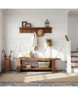 Solid Wood Entryway Bench with Shoe Storage Shelf, 63-Inch Long Farmhouse Entry Shoe Bench, End of Bed Bench