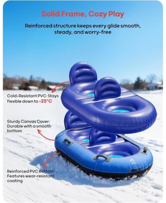 2-Person Inflatable Snow Tube with Dual Backrests and Tow Rope, Heavy Duty Canvas-Covered Blow Up Snow Sled