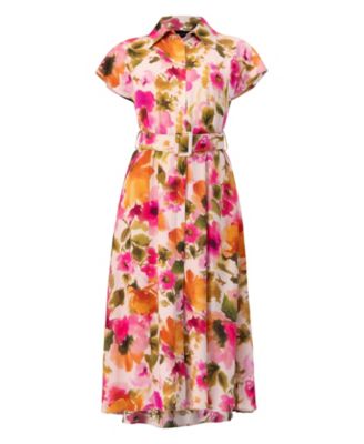 Women's Midi Belted Floral Print Shirt Style Dress
