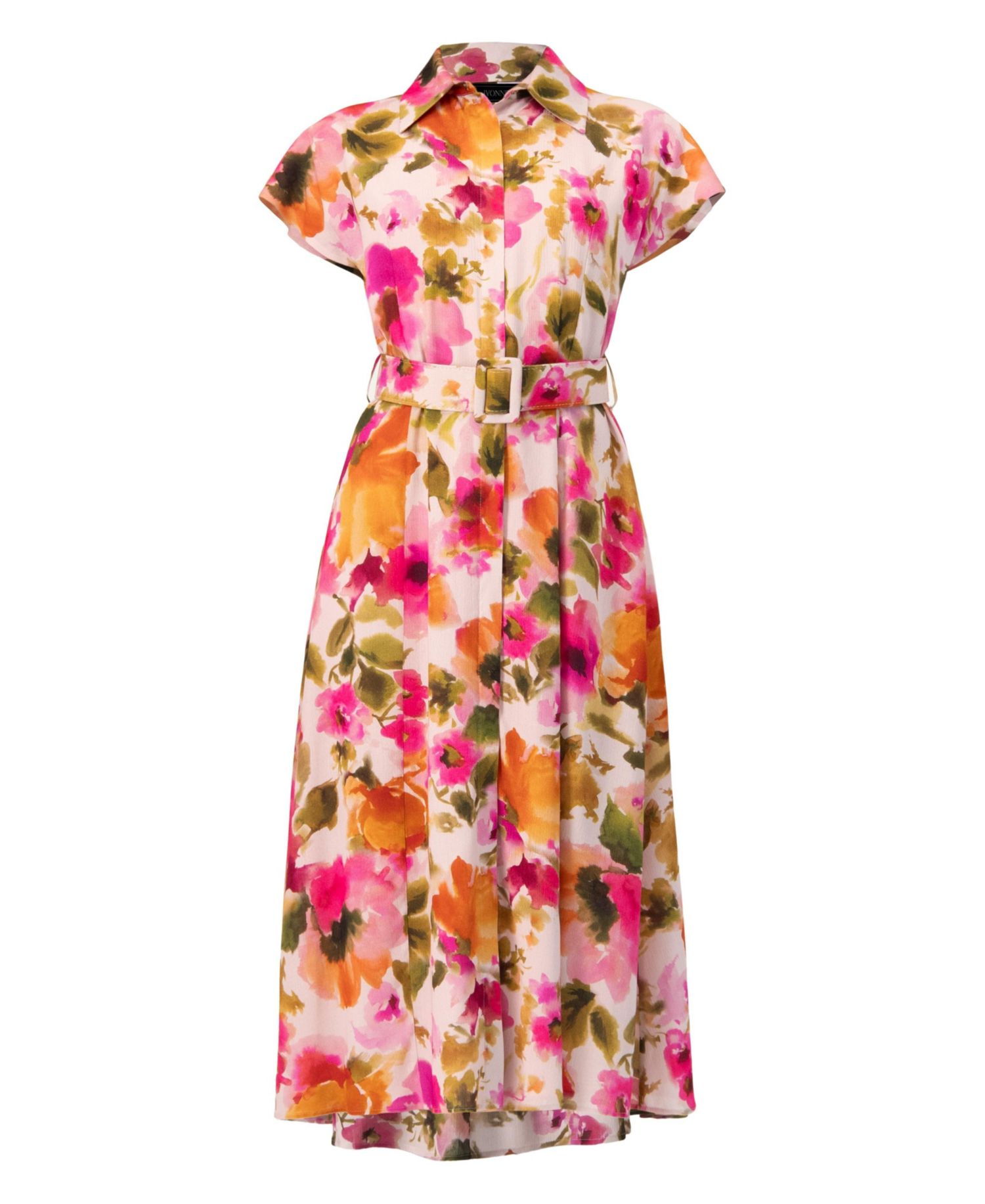 Women's Midi Belted Floral Print Shirt Style Dress
