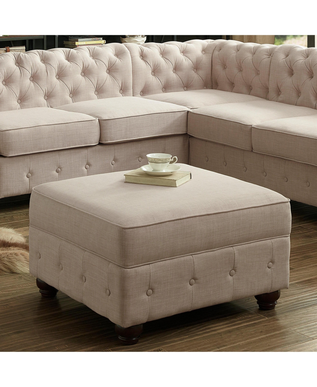 Boyel Living Classic Button-Tufted Linen Ottoman with Vintage Wooden Legs