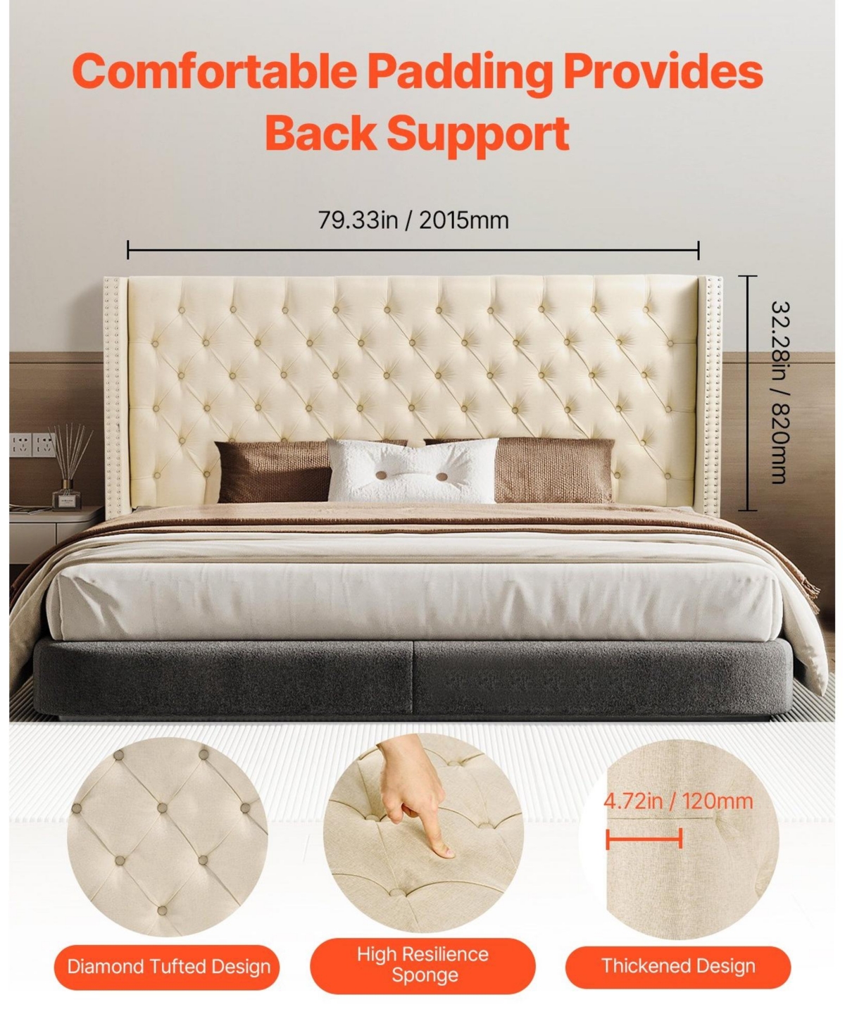 Gouun Diamond Tufted Upholstered Headboard with Adjustable Height, 84.1 in Wide
