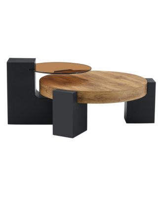 Modern 2-Tier Coffee Table, Round Wooden Top with Black Block Legs and Glass Side Table for Living Room, Apartment