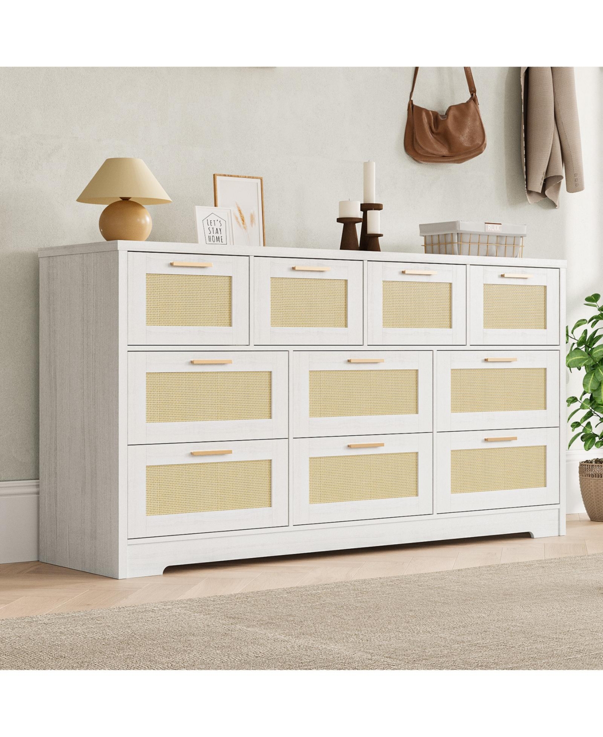 gaomon Modern Farmhouse 10 Drawer Rattan Dresser Storage Chest with Metal Handles.
