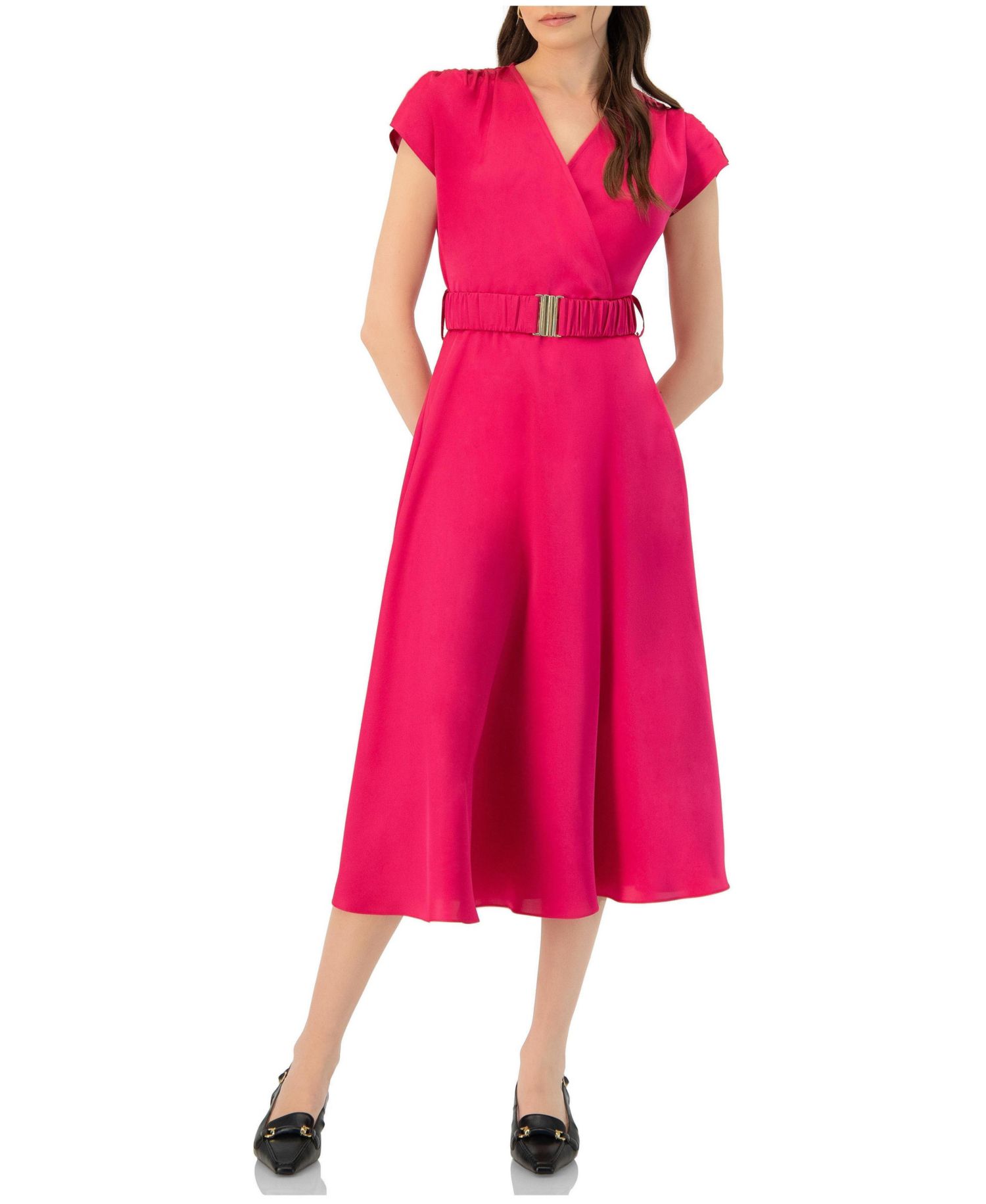 Women's Sleeveless Midi Satin Dress with Belt