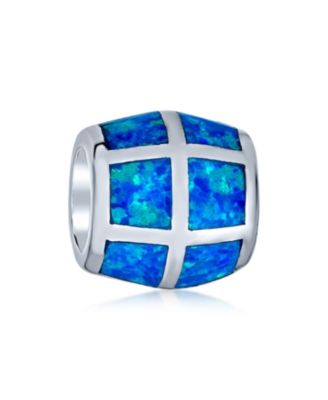 Created Opal Inlay Barrel Charm Bead .925 Sterling Silver For Bracelet