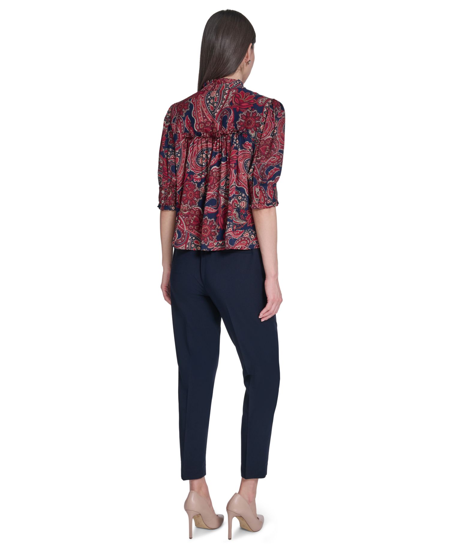 Women's Paisley Print Ruffle Neck Button Up Blouse