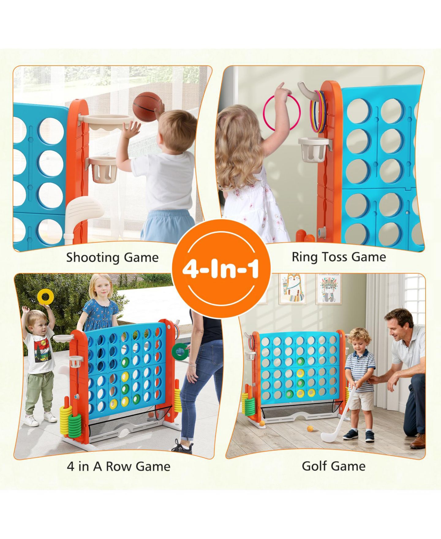 Детские игрушки Slickblue Jumbo 4-to-Score with Ring Toss and Basketball Hoop Game Set, Ages 3+, цвет: Синий / Оранжевый — фото 6