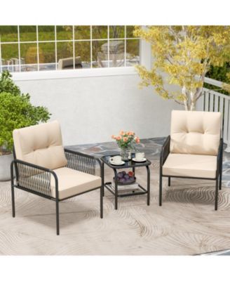 3-Piece PE Wicker Patio Bistro Set with Cushions and Glass Coffee Table