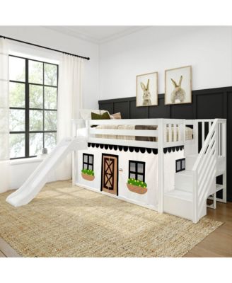 Low Twin over Twin Bunk With Stairs, Easy Slide and Black and White Farmhouse Curtain