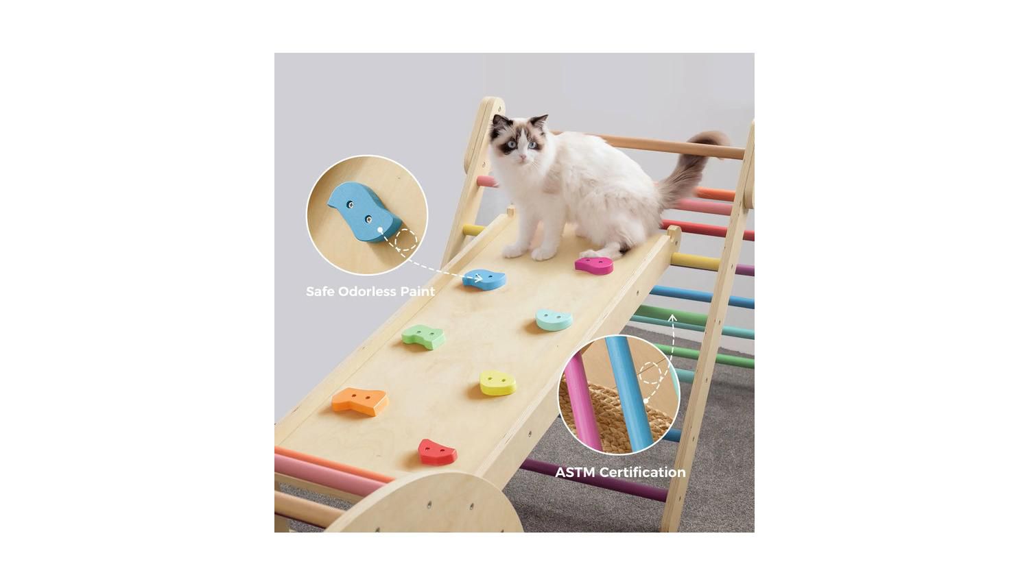 Pikler Triangle Set, 7-in-1 Wooden Montessori Climbing Toy Set, Toddler Indoor Playground Jungle Gym - Rainbow