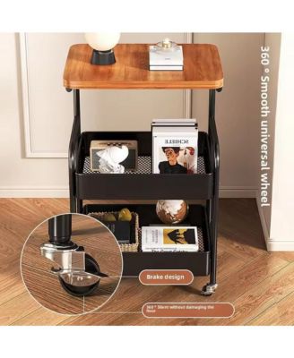 3-Tier Rolling Cart w/Wooden Tabletop, Utility Cart w/Lockable Wheels, Multipurpose Storage Organizer Trolley for Kitchen, Office, Bedroom