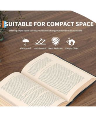 28" Round Coffee Table with Storage, Mid Century Modern Fluted Accent Table with Sliding Tambour Door for Living Room