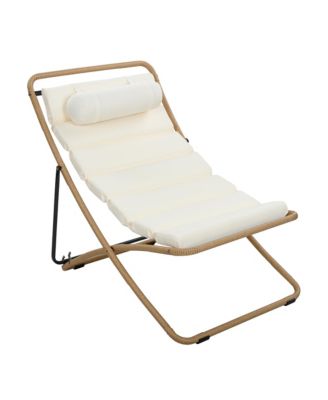 2-Piece Foldable Rattan Lounge Chair Set, Outdoor Reclining Chair with Adjustable Backrest, Thick Cushion and Removable Headrest for Beach