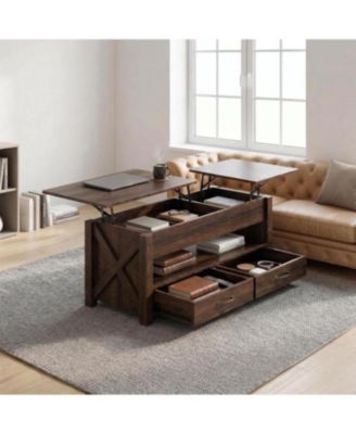 47.2" Lift Top Coffee Table with Storage, Split Lift Design, 2 Drawers and Hidden Compartment, Farmhouse Center Table