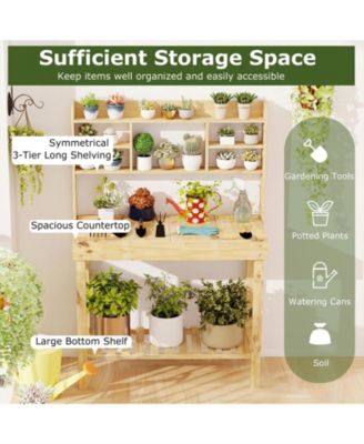 Wooden Potting Bench Table Garden Planting Workstation with 3-Tier Open Shelf