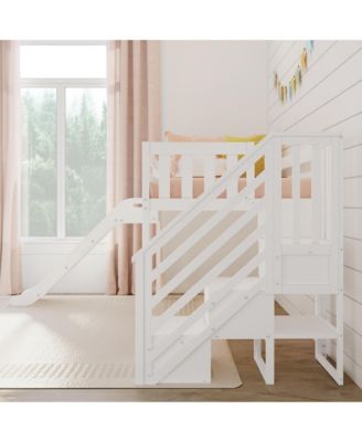 Max &  Lily Twin Size Low Loft Bed with Slide and Stairs, Solid Wood Kids Platform Bed with 14" Guardrails