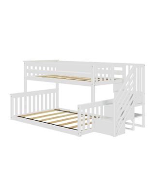 Wooden Twin over Full Low Bunk Bed for Kids with Staircase