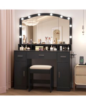 Vanity Makeup Desk with Adjustable LED Mirror, 3 Drawers and 2 Cabinets, Stool and Charging Station, Dressing Table for Women