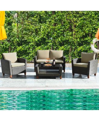 4PCS Patio Rattan Furniture Set Solid Wood Leg Cushioned Sofa Garden Lawn