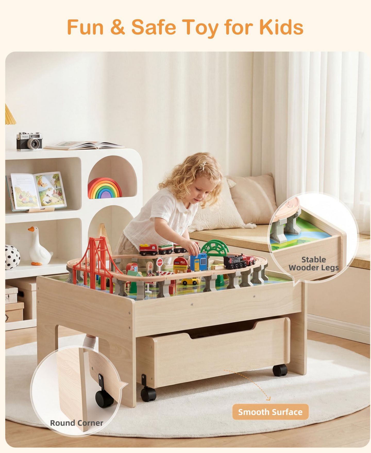Детские игрушки SUGIFT 100-Piece Multicolor Wooden Kids Activity Table, 3-in-1 Wooden Train Set with Rolling Storage Drawer, Creative Toy Set for Kids Ages 3+, цвет: Натуральный — фото 10