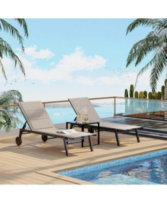 Outdoor Chaise Lounge Chairs with Wheels & Side Table Set of 3, 5-Position Adjustable Backrest Poolside