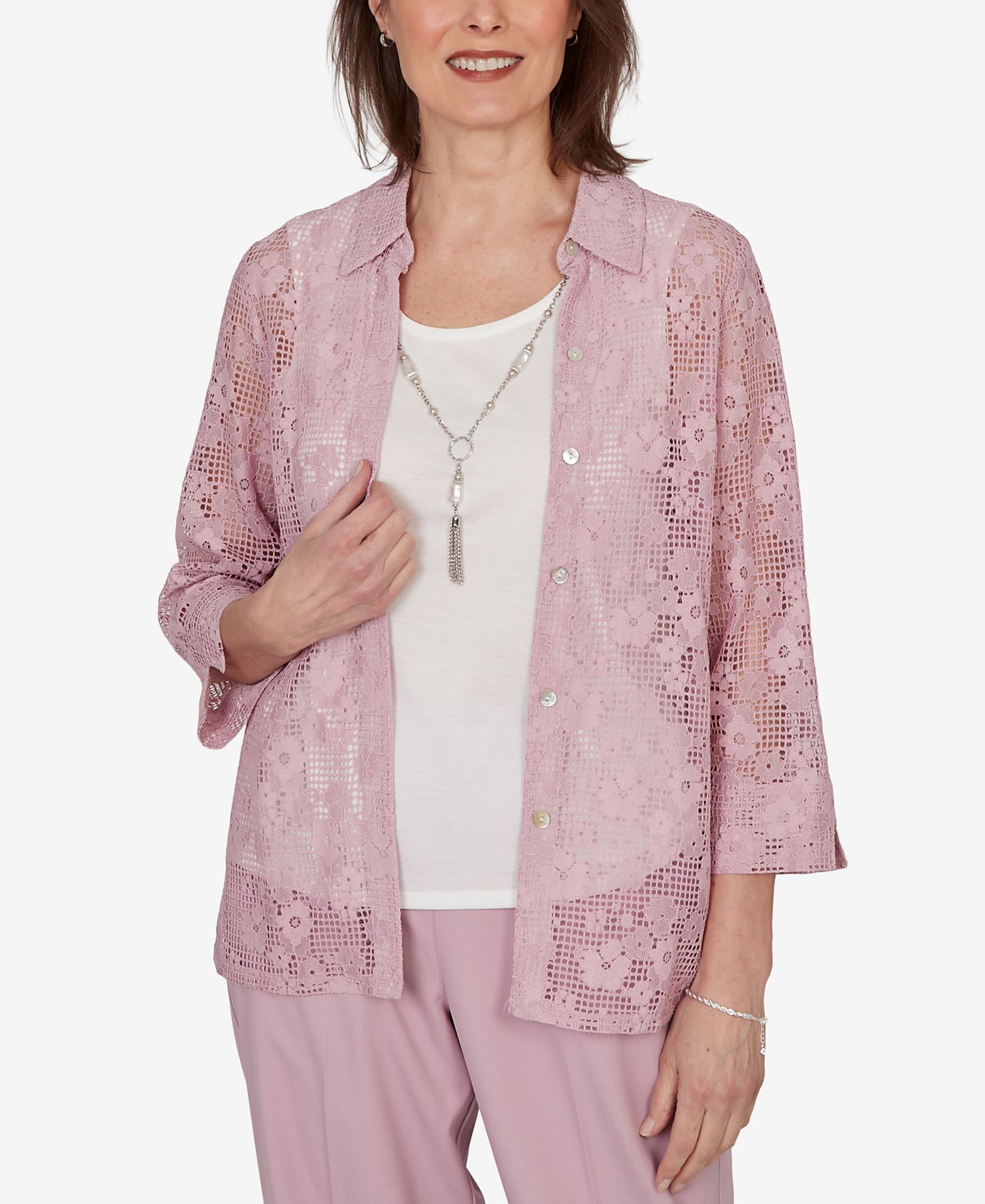 Petite Charm Floral Lace Two-In-One Collared Top with Necklace