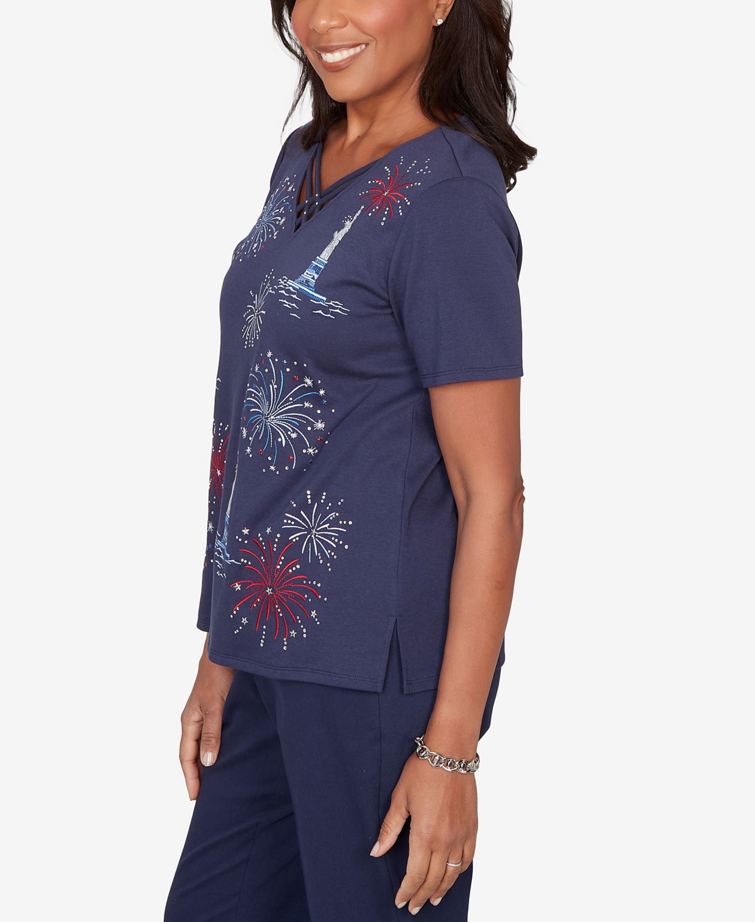 Petite Lady Liberty Statue of Liberty Fireworks V-Neck T-Shirt
