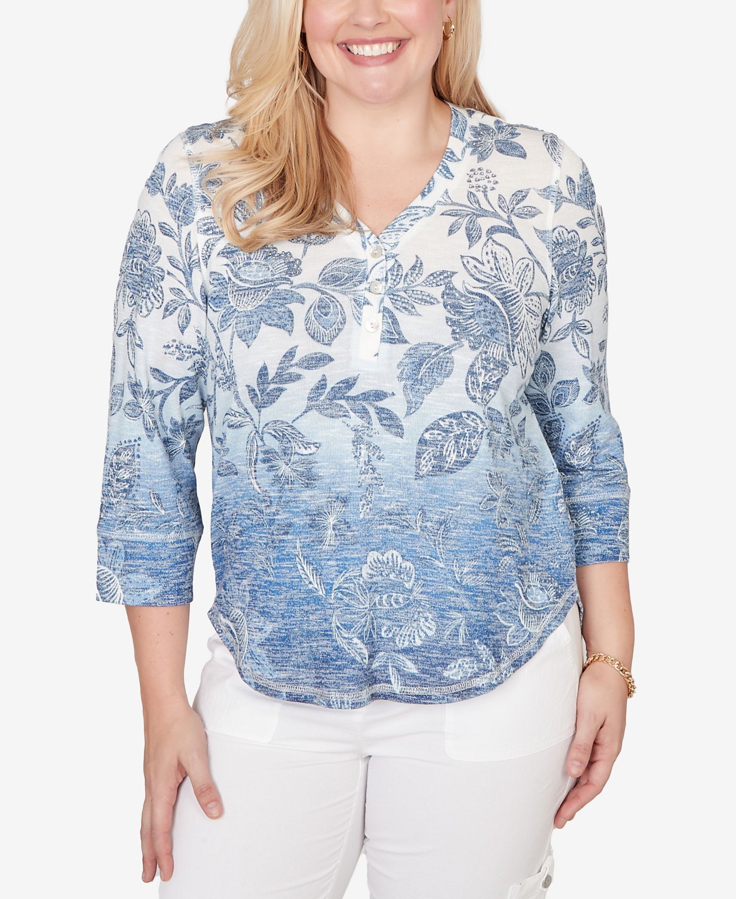 Petite Out of the Blue Ombre Batik Floral Henley Top