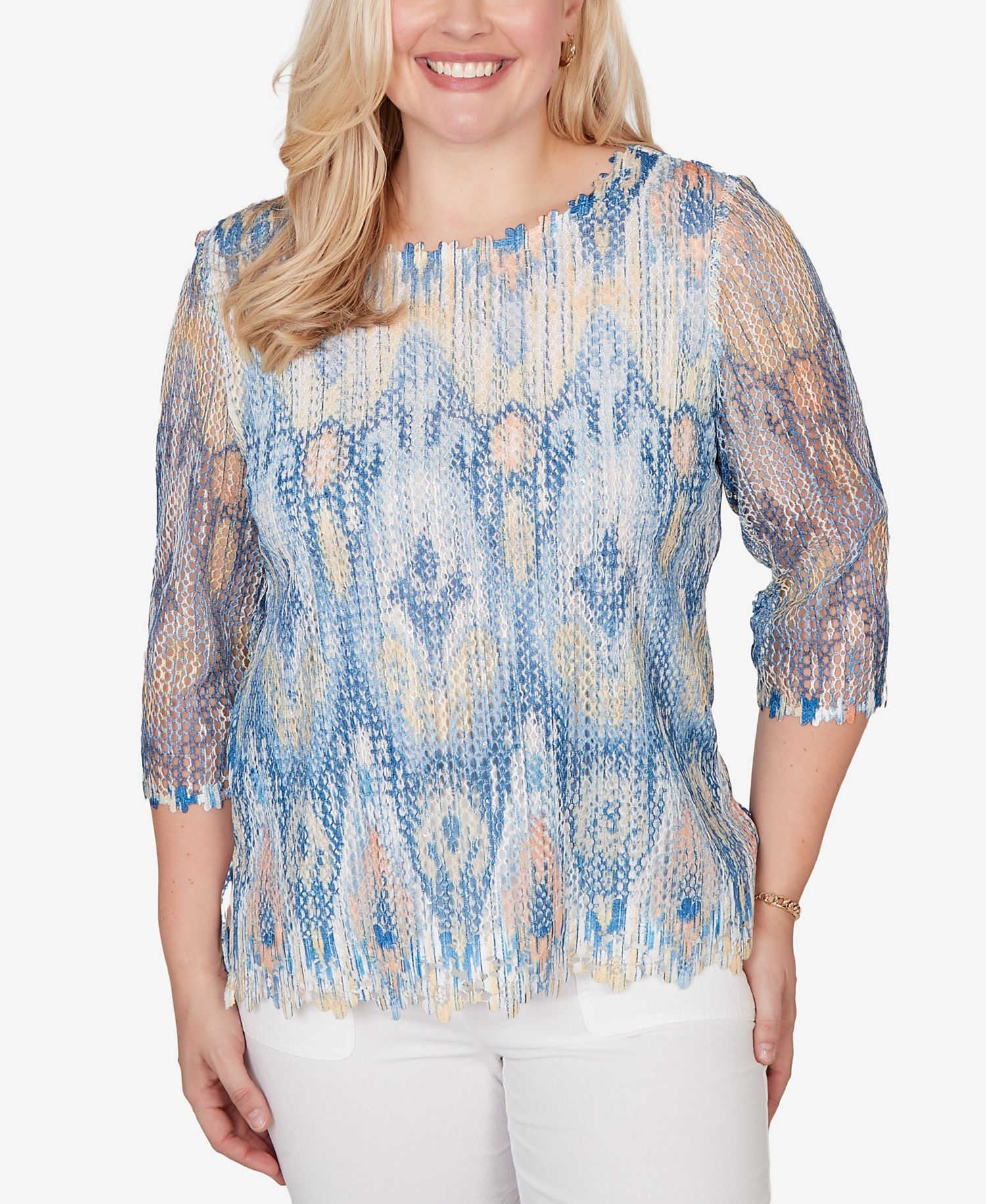 Petite Out of the Blue Dramatic Ikat Scallop Trim Crewneck Top