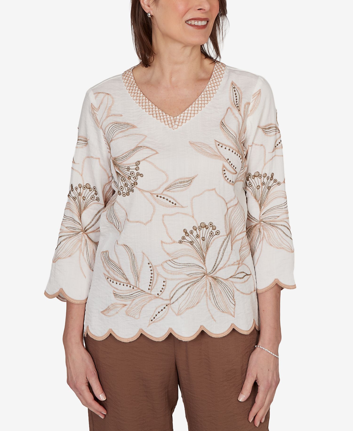 Petite Spice Market Embroidered Floral V-Neck Textured Top