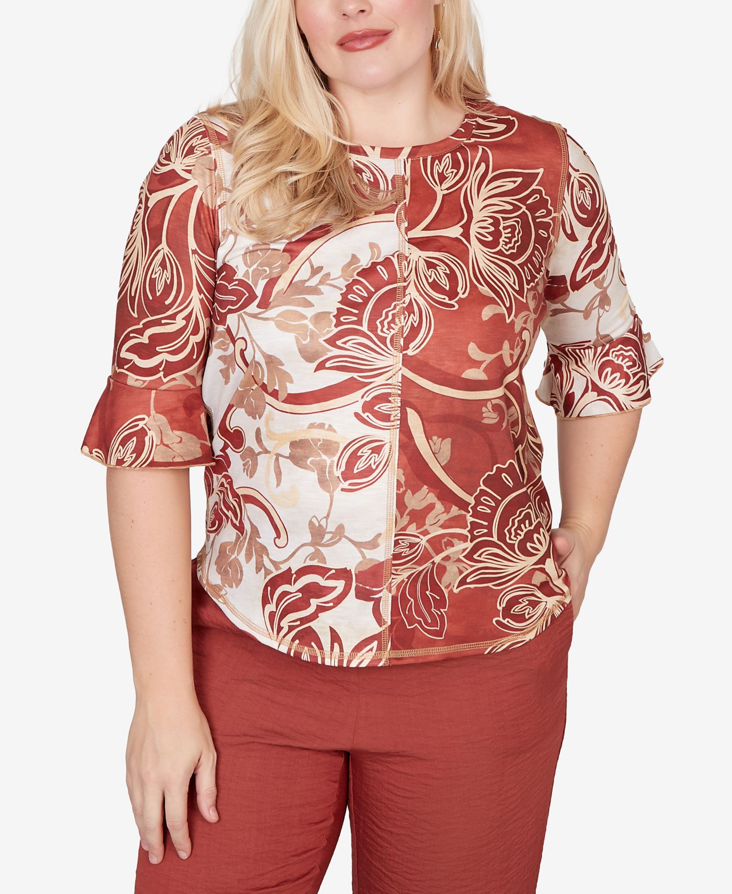 Petite Spice Market Spliced Colors Scroll Print Crewneck Top