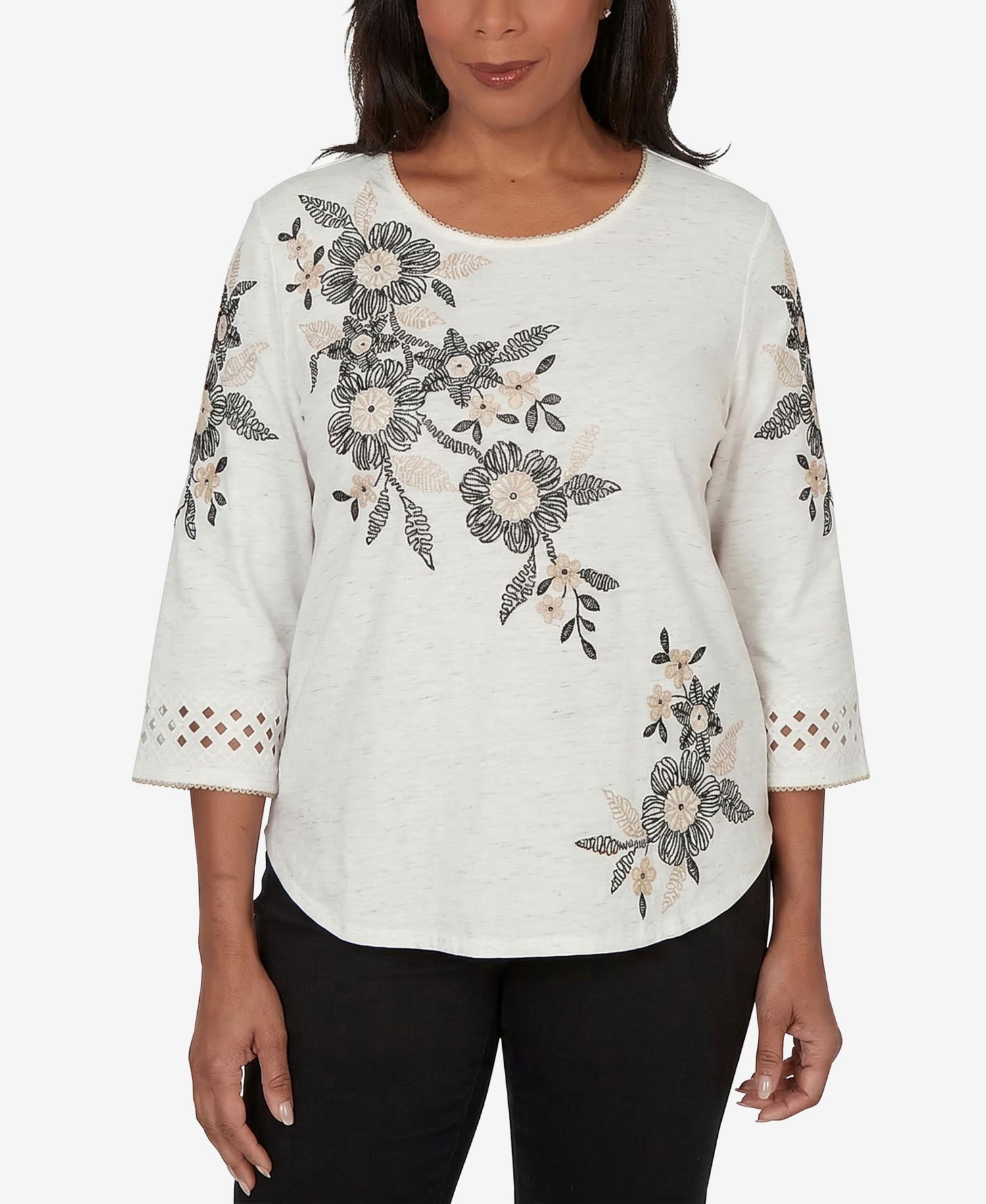 Petite Detail Driven Floral Embroidered Textured Crewneck Top