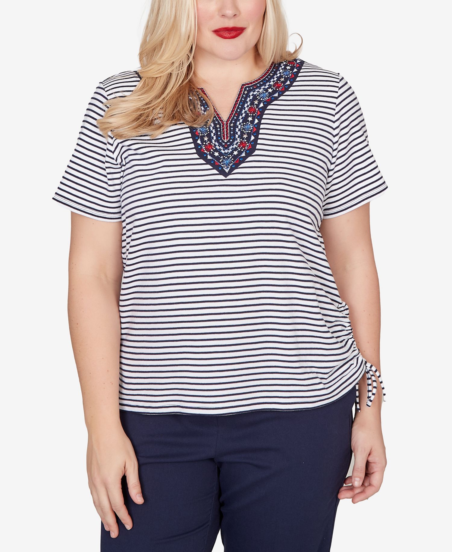 Petite Lady Liberty Embroidered Neck Striped Side-Tie Top
