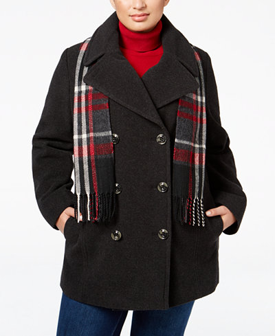 London Fog Plus Size Wool-Blend Peacoat with Scarf