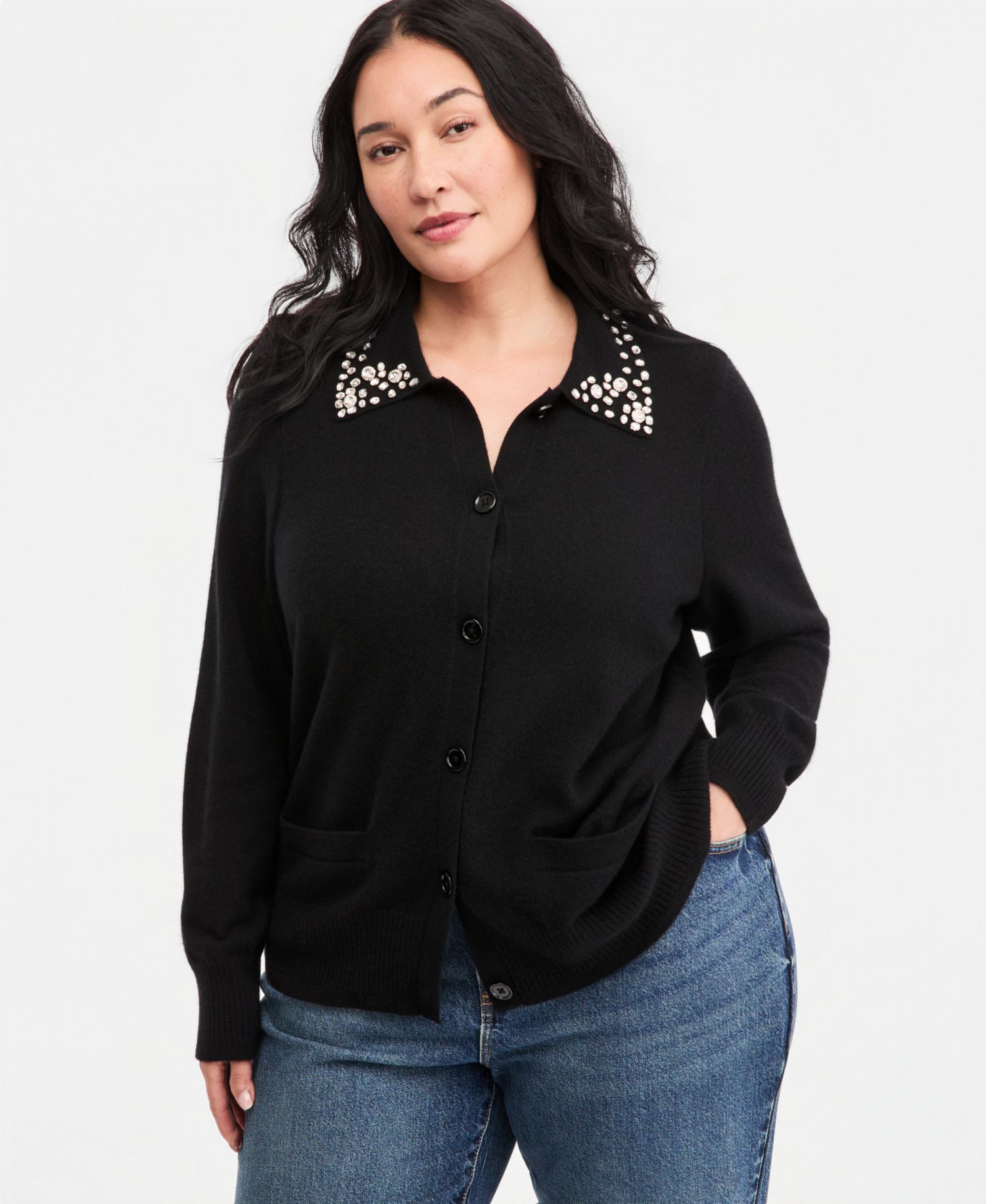 Plus Size 100% Cashmere High-Rib Embellished Cardigan