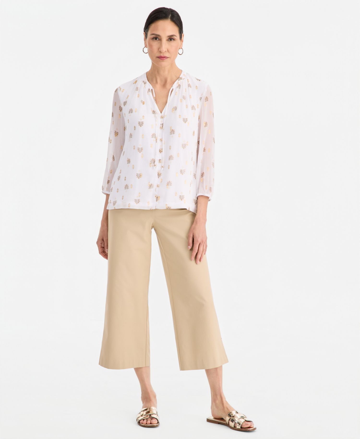 Women's 3/4 Sleeve Metallic-Print Tie-Neck Blouse