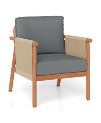 Acacia Wood Outdoor Chair with Woven Rope Armrests and Seat Cushions