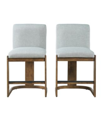 Modern Bar Stools Set of 2, 24" Solid Wood Counter Height Chairs with Linen Upholstered Seat for Kitchen Island, Home Bar