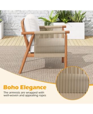 Acacia Wood Patio Chair with Woven Rope Armrests and Cushions