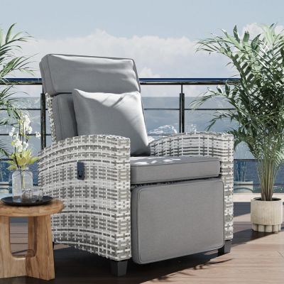 Outdoor Patio Recliner Chair with Side Table, Wicker and Cushion