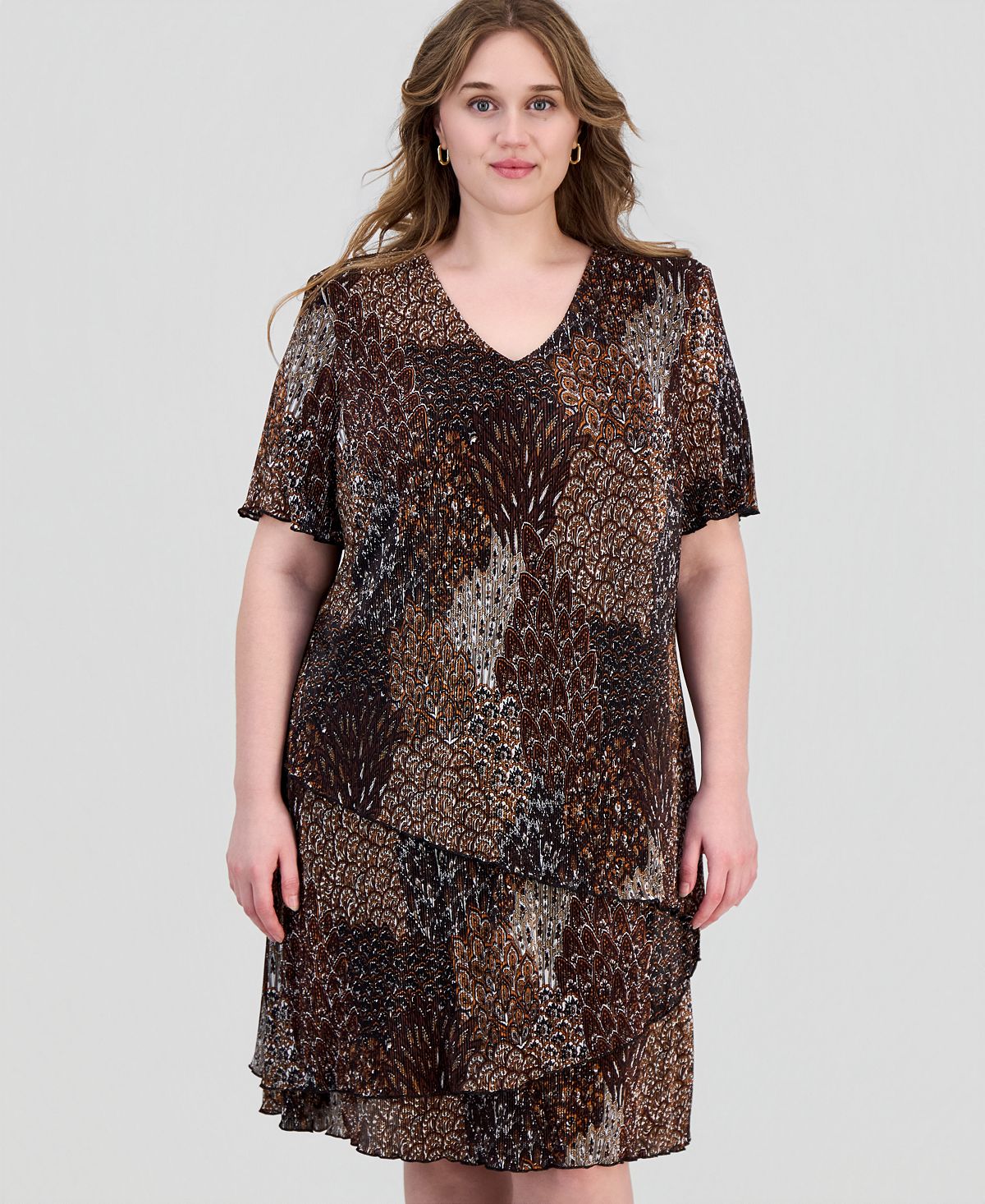 Connected Plus Size Printed Pleated Asymmetric Tiered Sheath Dress view 3 — MAYCSS fashion products