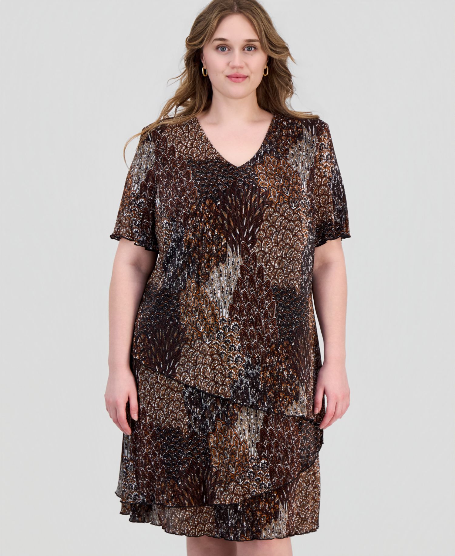 Plus Size Printed Pleated Asymmetric Tiered Sheath Dress