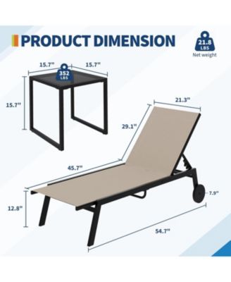 3-Piece Outdoor Lounge Set, Metal Chaise Recliners (2 Chairs) Side Table, 5-Position Adjustable Poolside