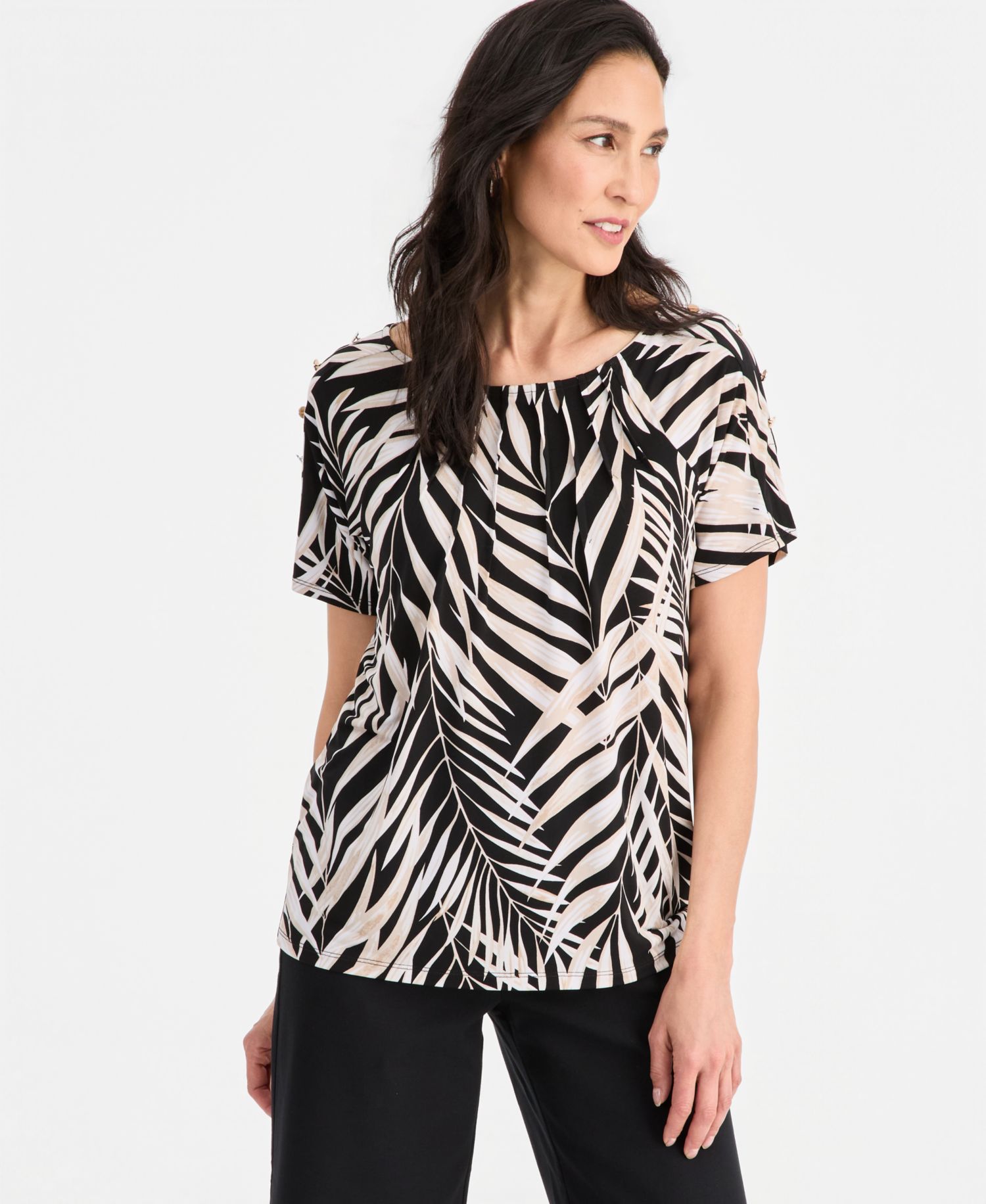 Women's Pleated Scoop-neck Button-Trim Top