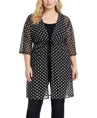 Plus Size Polka Dot Mesh Tie-Front Coverup Top