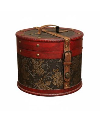 Vintage Cylindrical Wooden Trinket Box Lock Top Handle Round Storage Chest