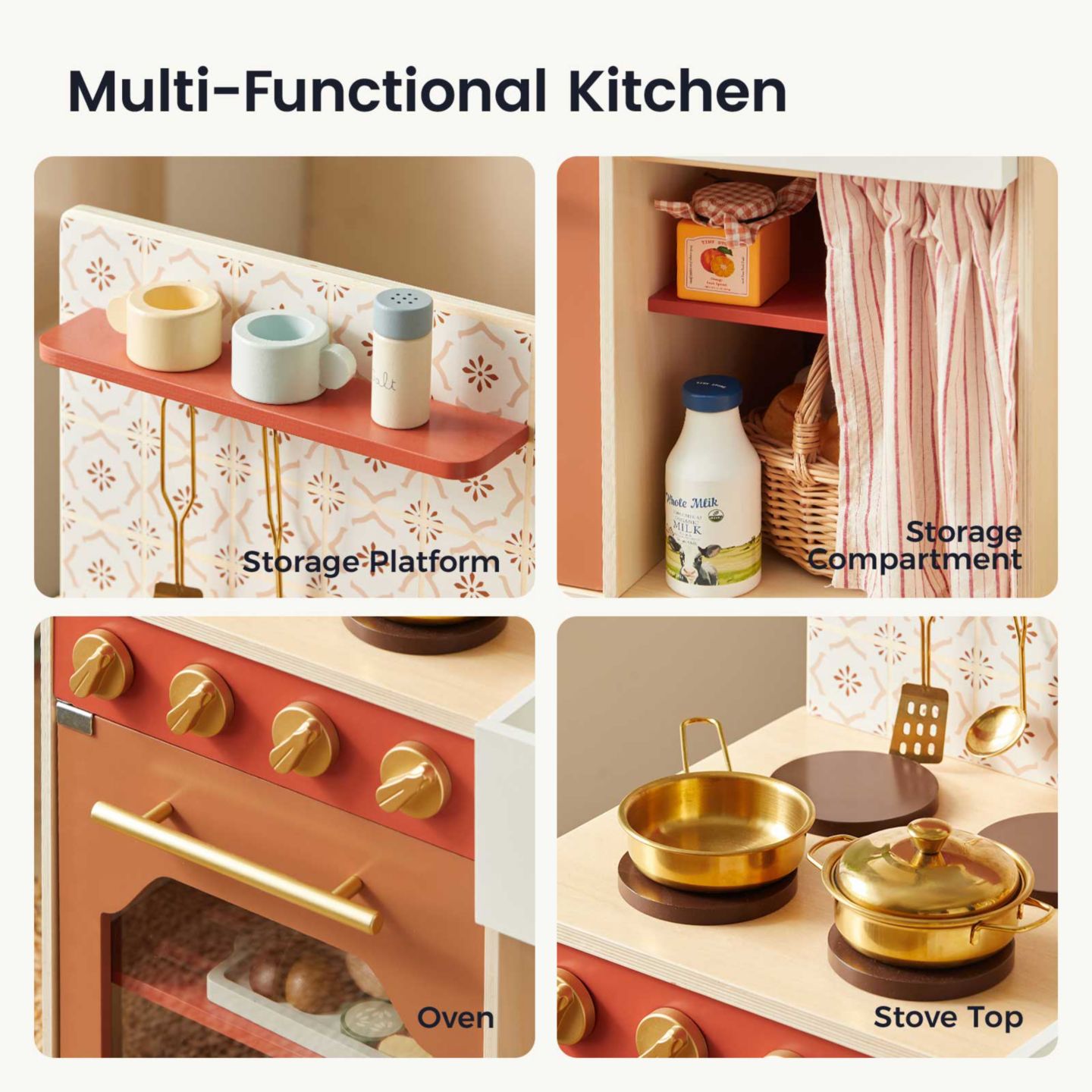 Детская игрушка Tiny Land Mediterranean Interactive Wooden Play Kitchen, Ages 3+, цвет: Коричневый — фото 4