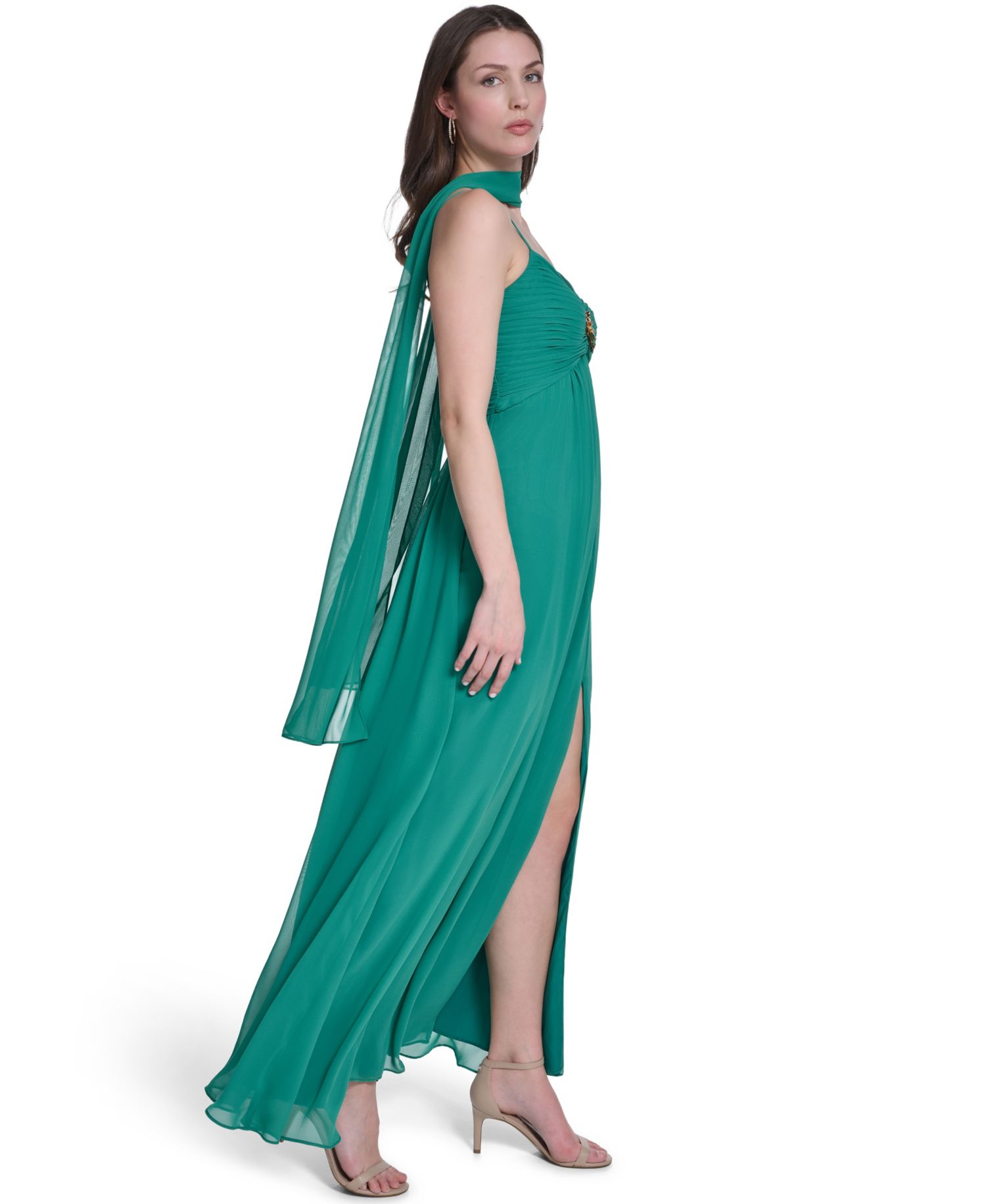 Women's Spaghetti Strap With Skirt Slit And Neck Sash Gown